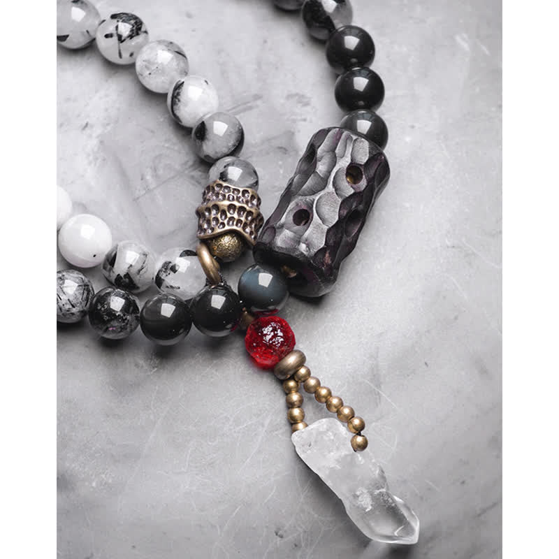 Bracelet Couple Succès en Bois d'Ébène et Quartz Rutile Noir et Cristal Blanc