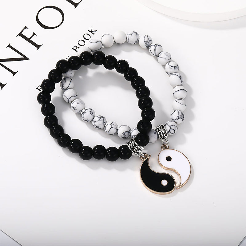 Bracelet de couple Yin Yang en perles de turquoise blanches et onyx noir Buddha Stones 2 pièces