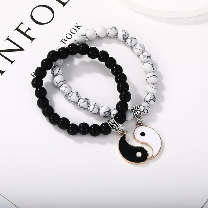 Bracelet de couple Yin Yang en perles de turquoise blanches et onyx noir Buddha Stones 2 pièces