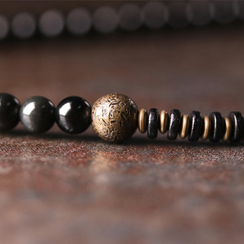 Bracelet multicouche positif en cuivre et bois d'ébène avec Buddha Stones arc-en-ciel obsidienne