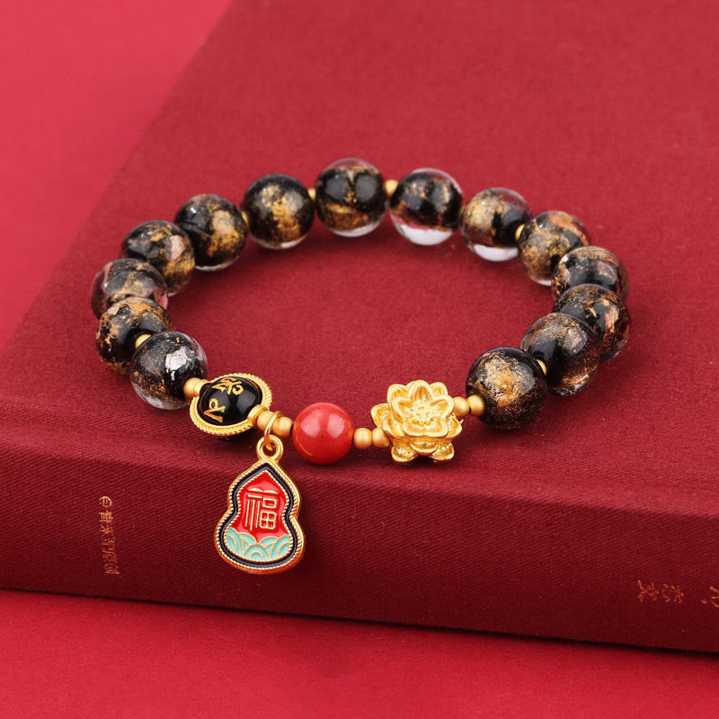 Bracelet porte-bonheur en perles de verre avec breloque en forme de gourde et de lotus Liuli, Buddha Stones tibétaines Om Mani Padme Hum Fu
