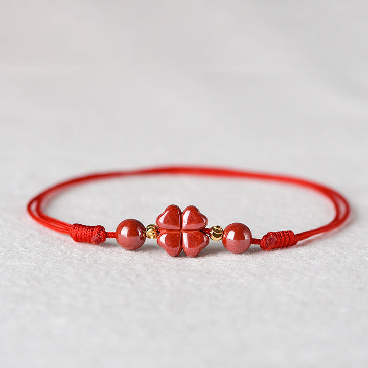 Bracelet de cheville en corde calme Buddha Stones à quatre feuilles et bénédiction en cinabre