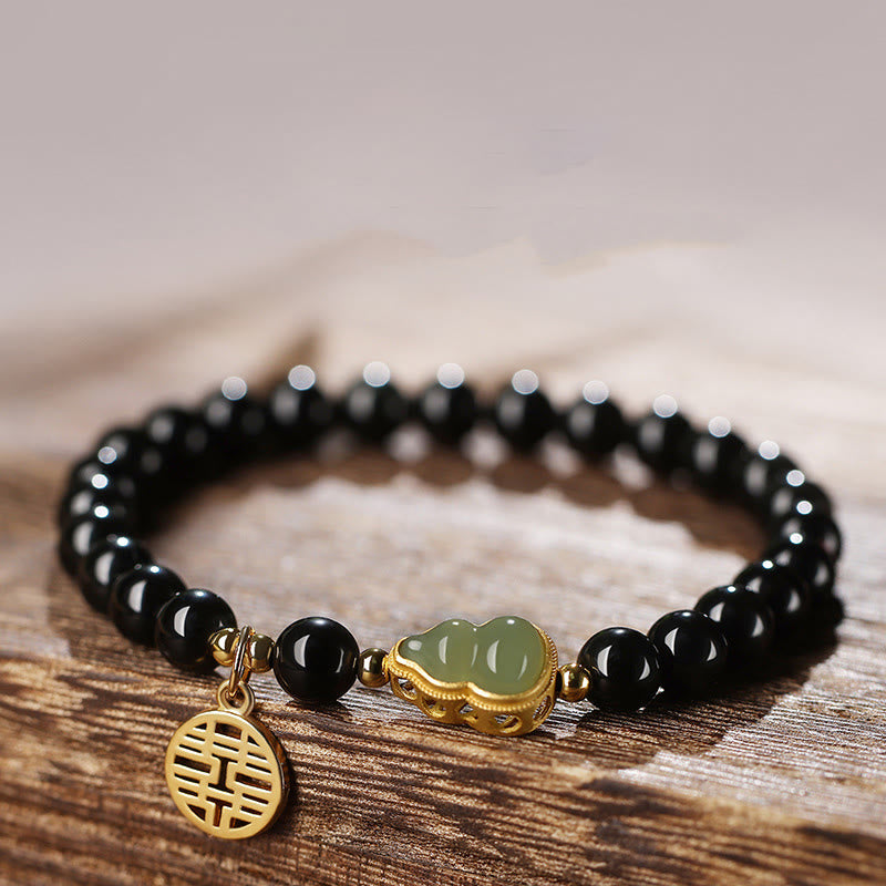 Bracelet de force double bonheur en obsidienne noire naturelle en jade Hetian