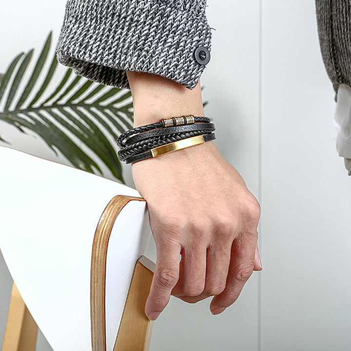 Bracelet en cuir multicouches avec boucle magnétique tressée en acier titane et Buddha Stones