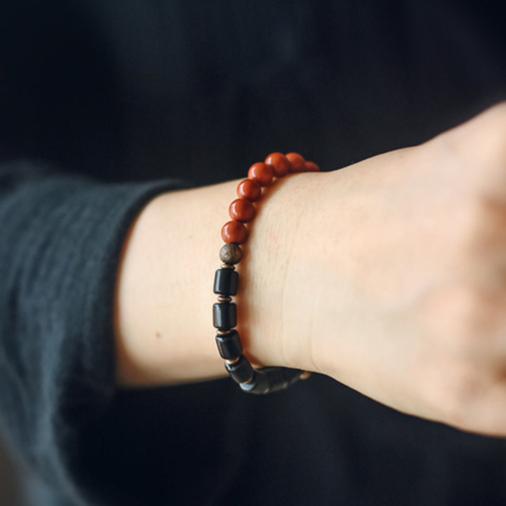 Bracelet couple paix Buddha Stones bois d'ébène jaspe rouge mousse agate cristal cuivre