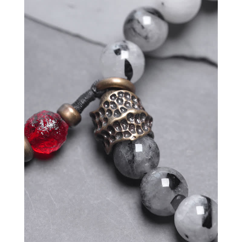 Bracelet Couple Succès en Bois d'Ébène et Quartz Rutile Noir et Cristal Blanc