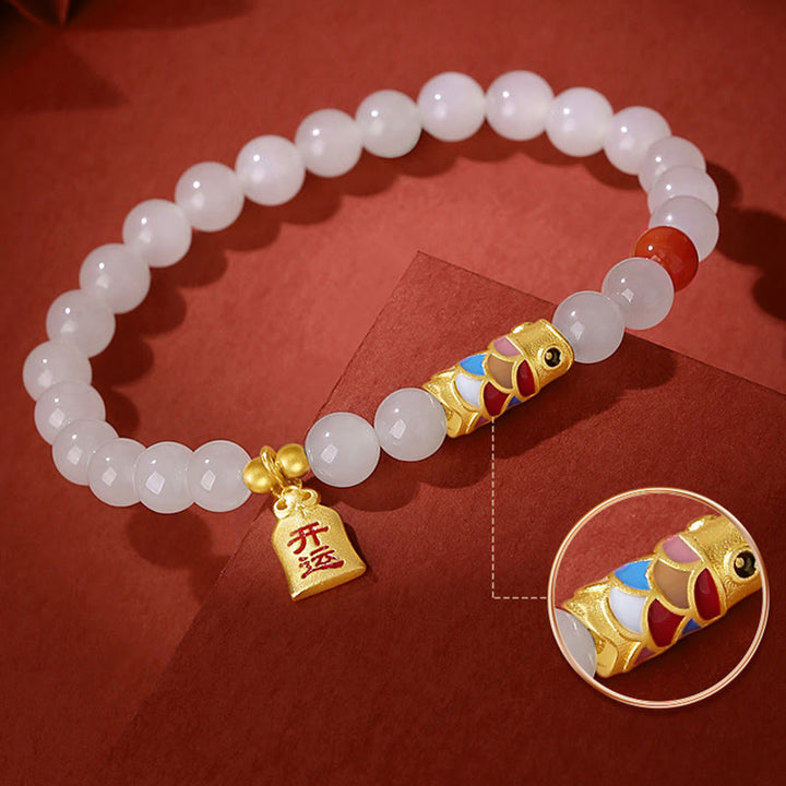Bracelet porte-bonheur en argent sterling 925 Buddha Stones et jade blanc Hetian, agate rouge, poisson koï