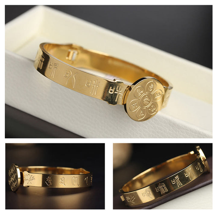 Bracelet jonc en acier titane Buddha Stones Yin Yang Lotus Om Mani Padme Hum Mantra Harmony