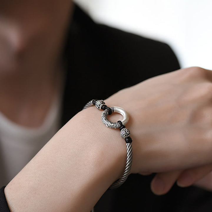 Bracelet de fortune en argent sterling 999 avec boucle de paix et personnage Fu en pièces de cuivre et pierres de Buddha Stones