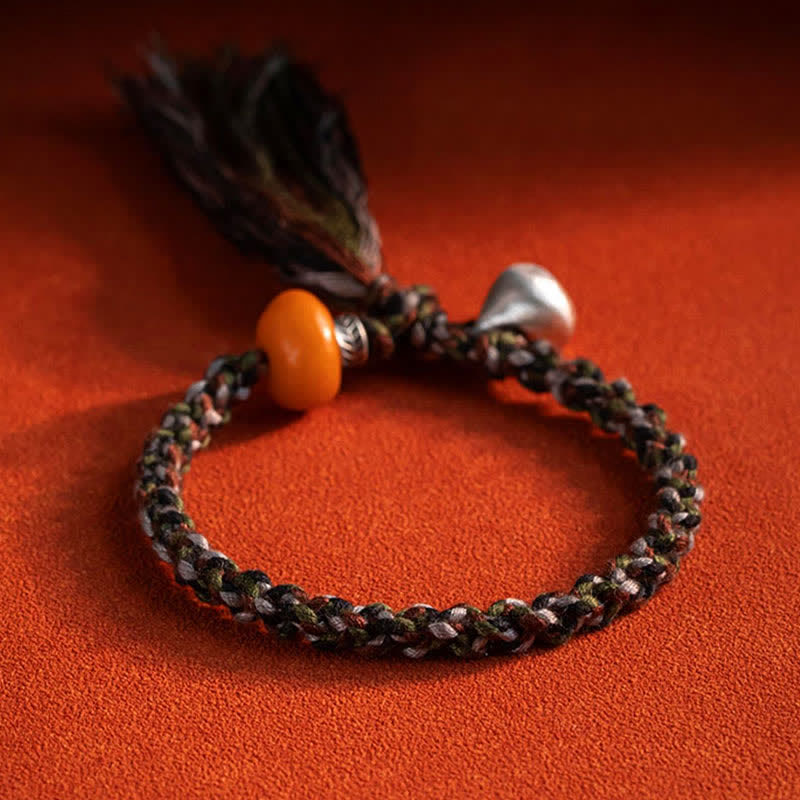 Bracelet de protection des souhaits en argent sterling 990 tibétain fait à la main avec poids en acier et ambre