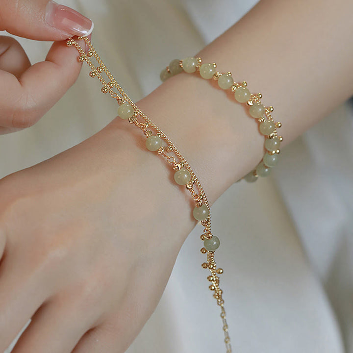 Bracelet de prospérité porte-bonheur en perles de jade Hetian plaqué or 14 carats à 2 couches