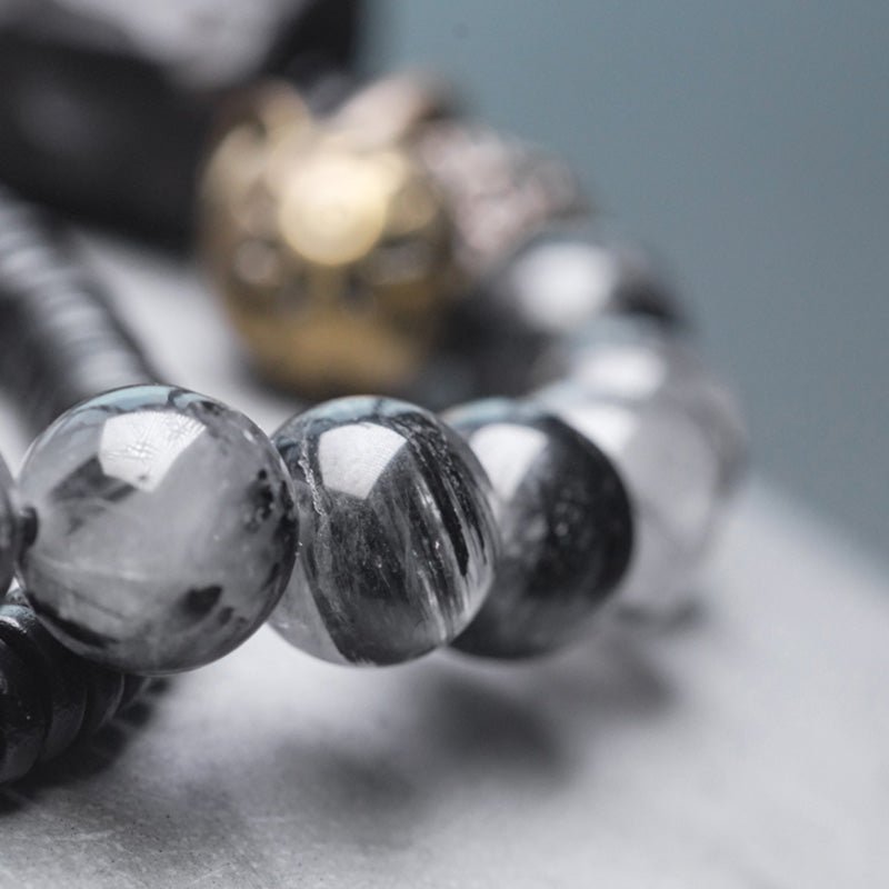 Bracelet couple sagesse en cuivre et bois d'ébène Buddha Stones et quartz rutile noir