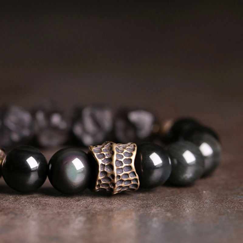 Bracelet couple force cuivre pierres de Buddha Stones obsidienne noire bois d'ébène