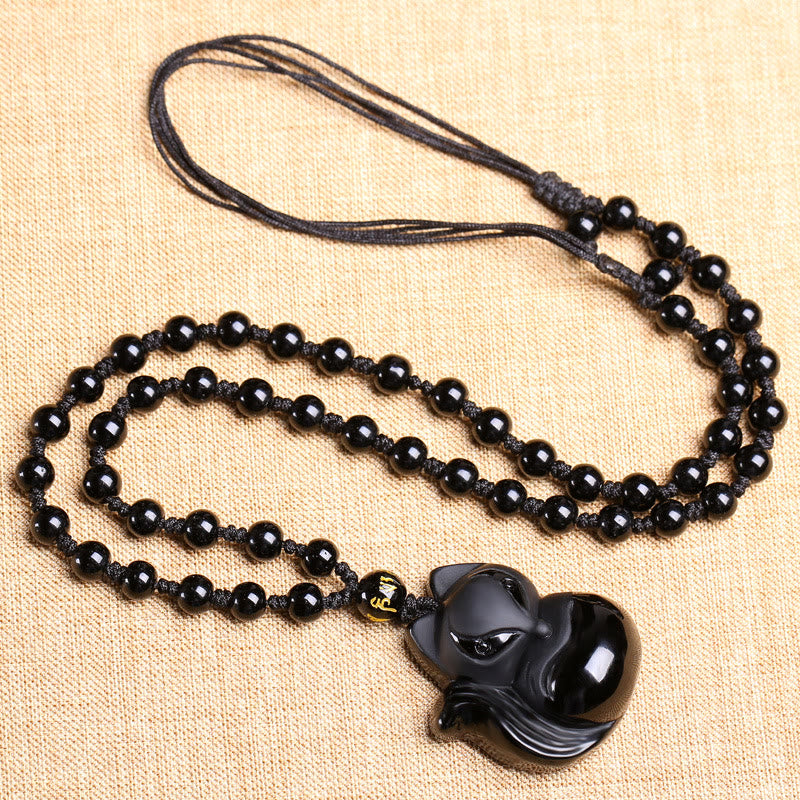 Buddha Stones Collier Amulette pendentif Renard en Obsidienne noire naturelle Oeil de tigre Obsidienne glacée