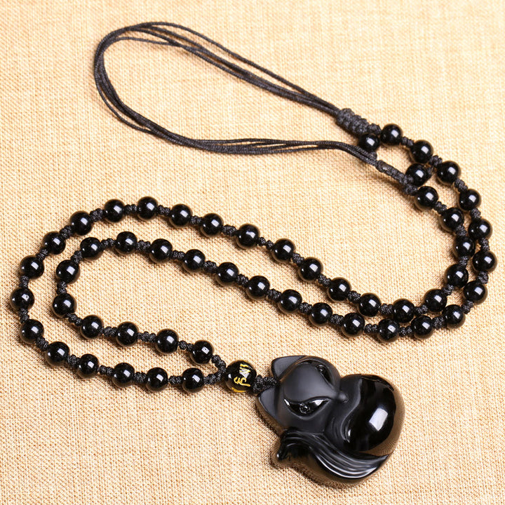 Buddha Stones Collier Amulette pendentif Renard en Obsidienne noire naturelle Oeil de tigre Obsidienne glacée