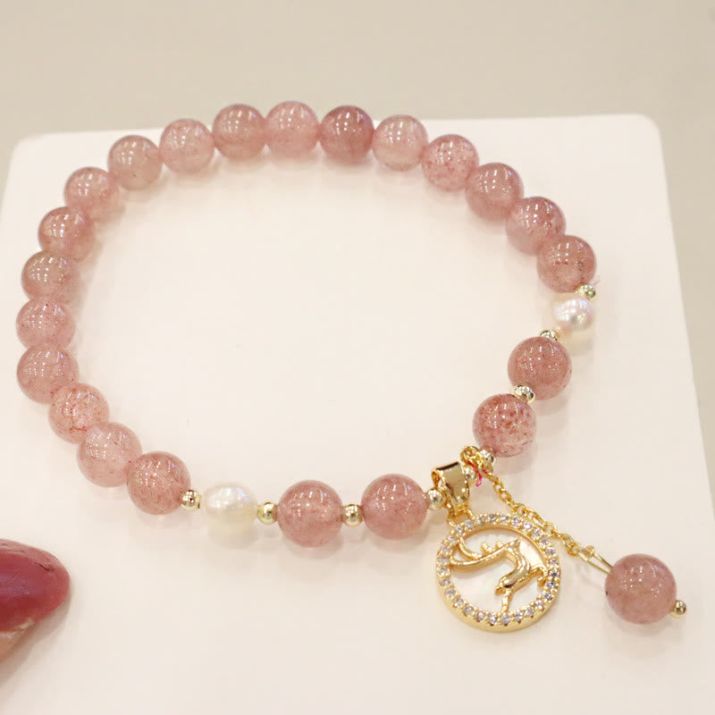 Bracelet de guérison à breloques en forme de queue de poisson avec Buddha Stones de quartz fraise et visage souriant d'élan