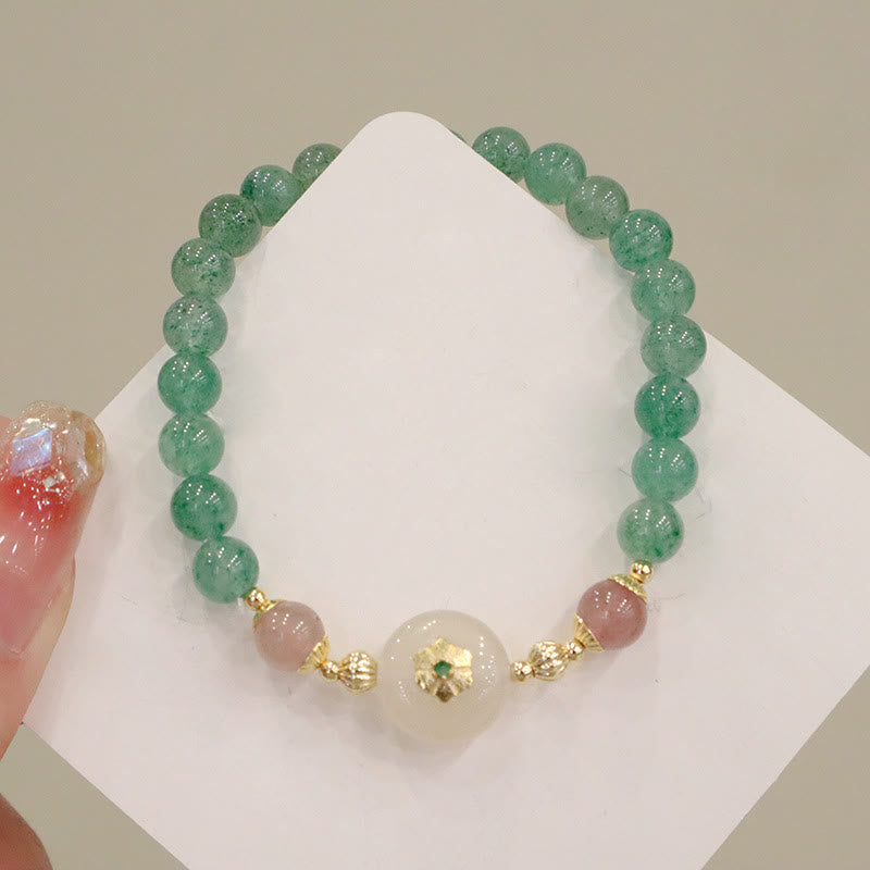 Bracelet de gratitude en Buddha Stones en quartz fraise vert naturel et calcédoine