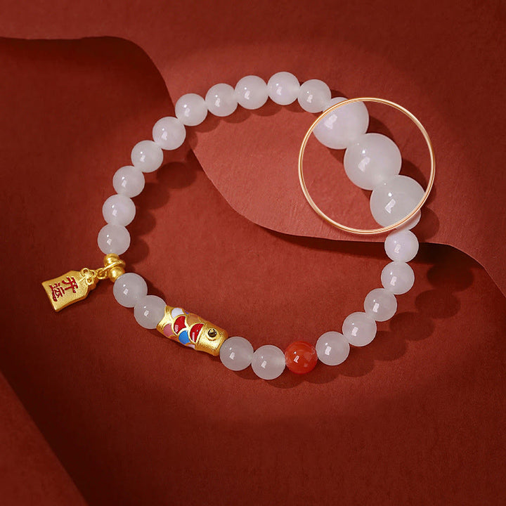 Bracelet porte-bonheur en argent sterling 925 Buddha Stones et jade blanc Hetian, agate rouge, poisson koï