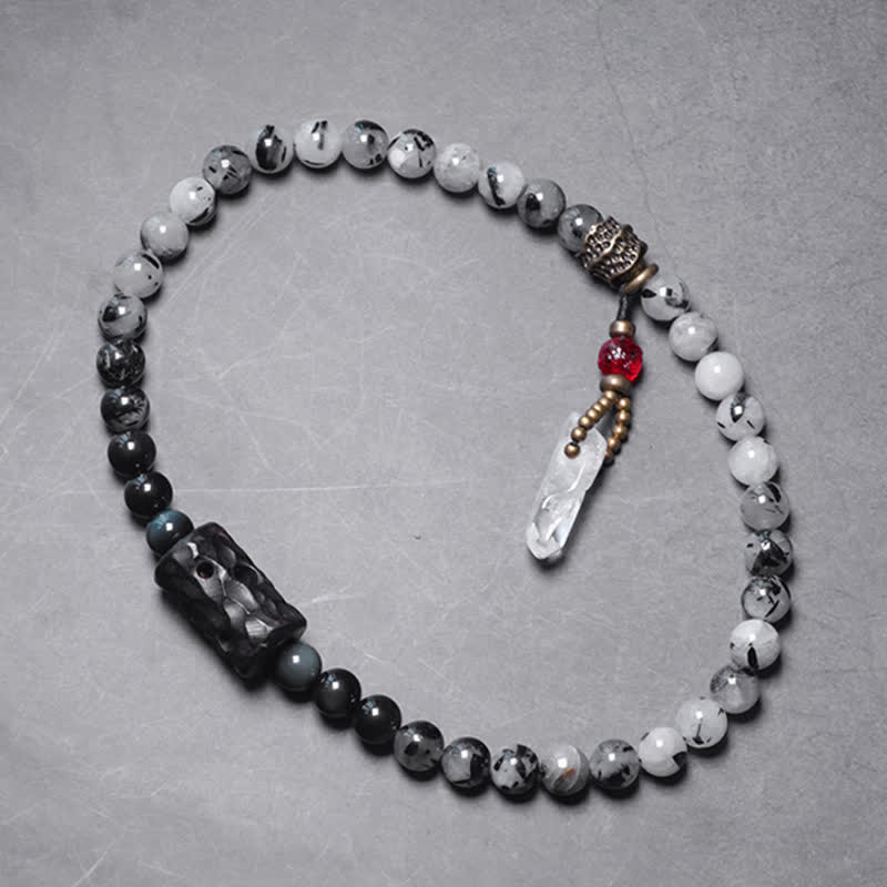 Bracelet Couple Succès en Bois d'Ébène et Quartz Rutile Noir et Cristal Blanc
