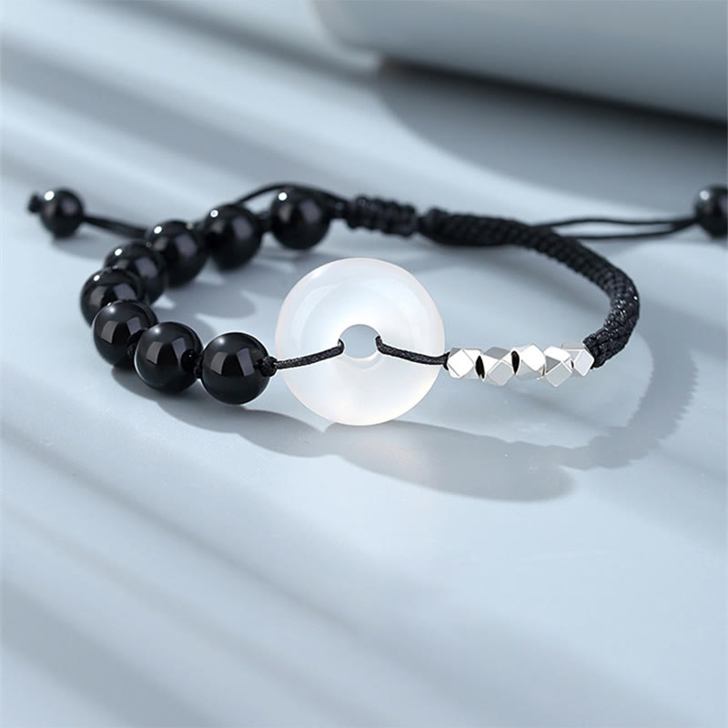 Bracelet de force en argent sterling 925 avec boucle de paix et agate obsidienne noire de Buddha Stones
