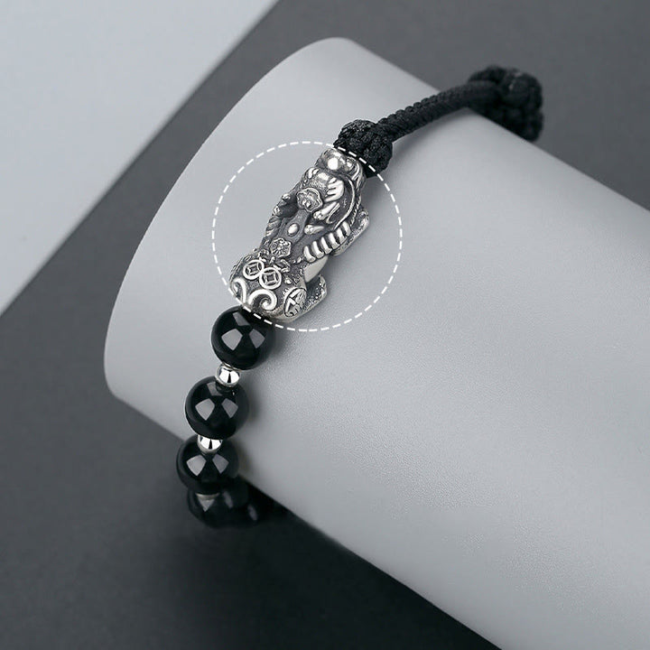 Bracelet de force en argent sterling 925 avec perles d'obsidienne noire naturelle FengShui PiXiu en argent sterling 999 et Buddha Stones