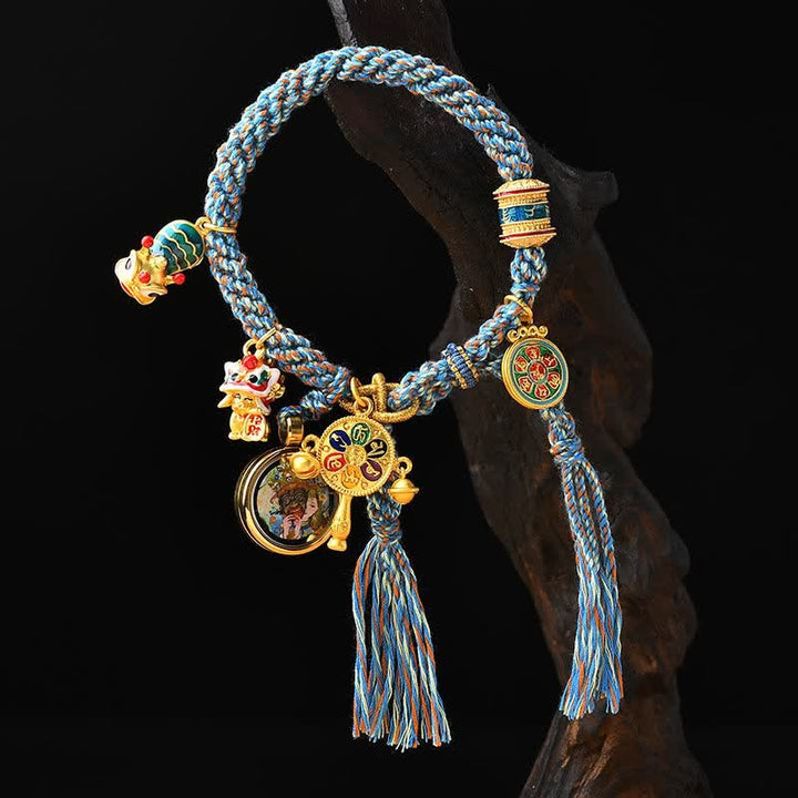 Bracelet tressé en corde avec roue de prière porte-bonheur Thangka Tibétain Zakiram Déesse de la richesse