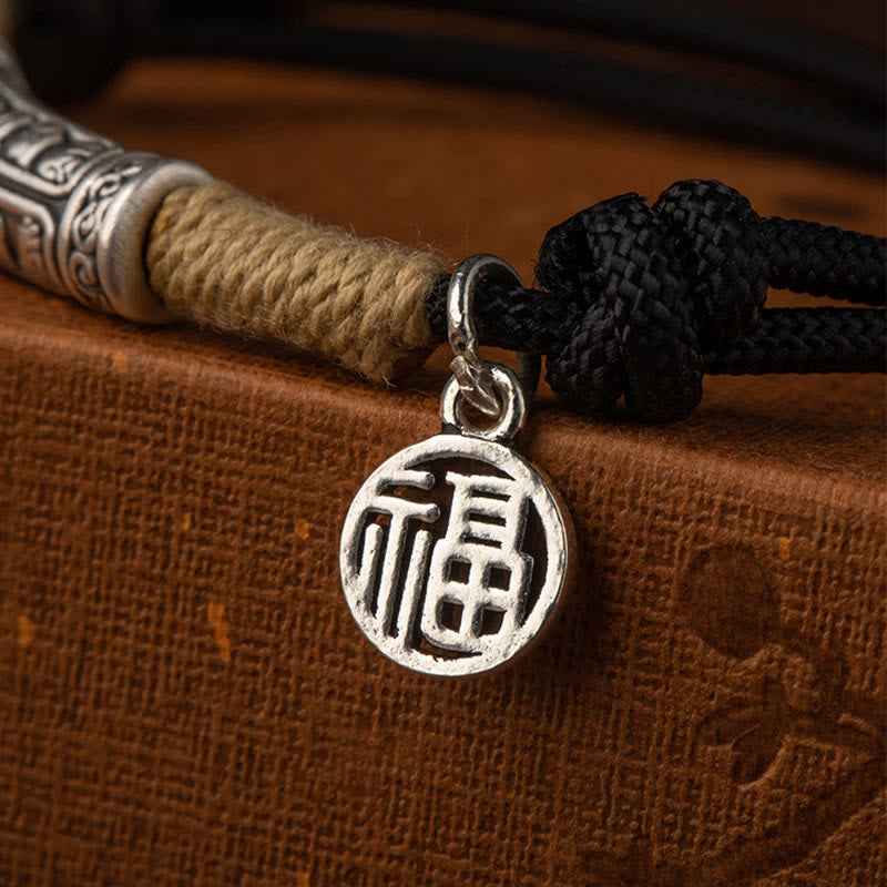Bracelet tressé en argent sterling 999 fait à la main au Tibet avec Buddha Stones Om Mani Padme Hum Fu et personnage TopRank