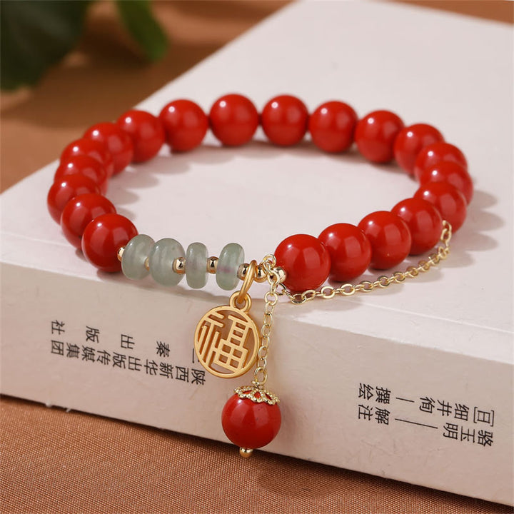 Bracelet de jade apaisant de caractère Fu de bon augure avec Buddha Stones en cinabre