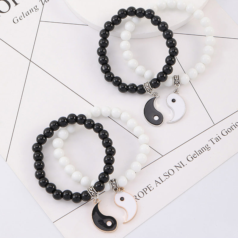 Bracelet de couple Yin Yang en perles de turquoise blanches et onyx noir Buddha Stones 2 pièces