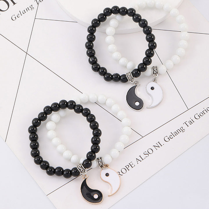 Bracelet de couple Yin Yang en perles de turquoise blanches et onyx noir Buddha Stones 2 pièces