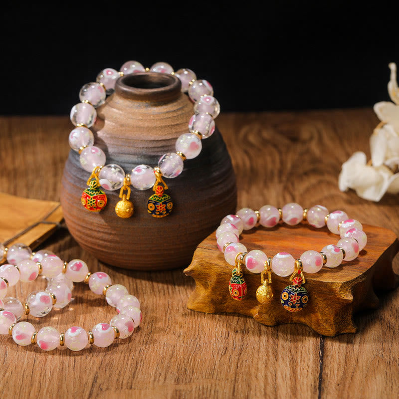 Bracelet de bénédictions en perles de verre Liuli fluorescentes en forme de cœur d'amour rose lumineux avec breloque en forme de famille de bêtes avaleuses en or et Buddha Stones