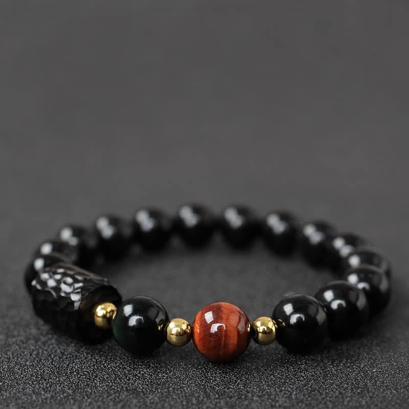 Bracelet de couple en obsidienne noire et bois d'ébène avec œil de tigre rouge