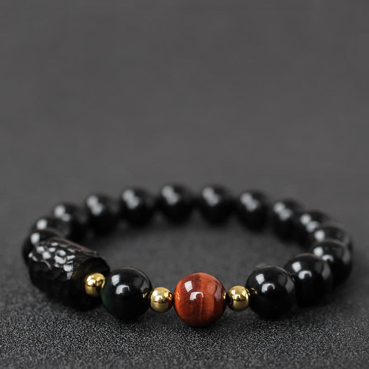 Bracelet de couple en obsidienne noire et bois d'ébène avec œil de tigre rouge