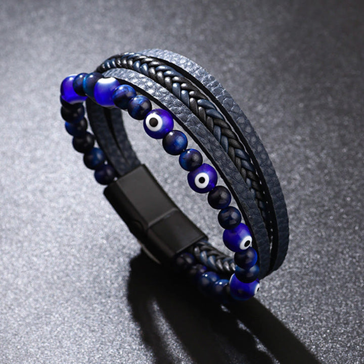 Bracelet tressé multicouches en perles de protection contre le mauvais œil et l'œil de tigre avec Buddha Stones