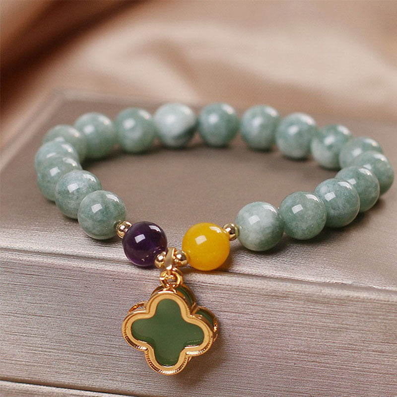 Bracelet porte-bonheur en jade et trèfle à quatre feuilles avec Buddha Stones