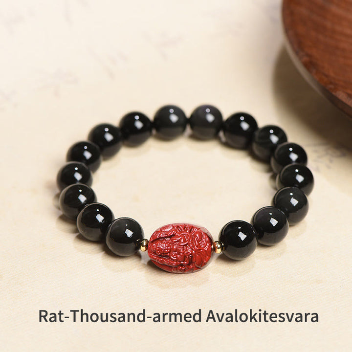 Bracelet de purification en obsidienne noire naturelle et cinabre avec Buddha Stones et zodiaque chinois