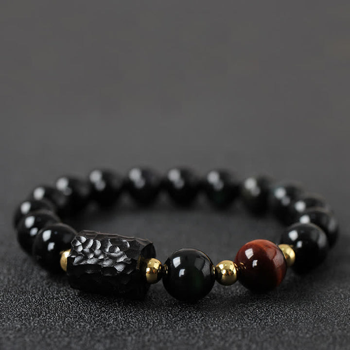 Bracelet de couple en obsidienne noire et bois d'ébène avec œil de tigre rouge