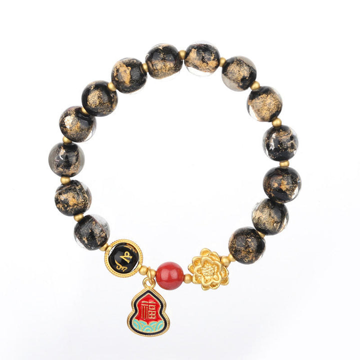 Bracelet porte-bonheur en perles de verre avec breloque en forme de gourde et de lotus Liuli, Buddha Stones tibétaines Om Mani Padme Hum Fu