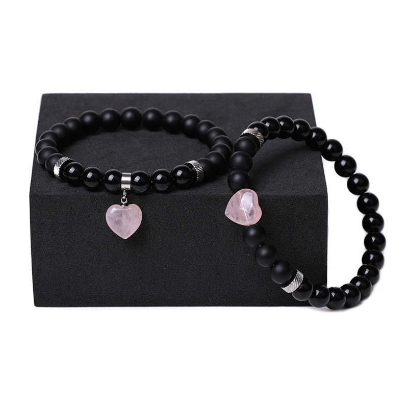 Bracelet de couple en pierre de cristal d'onyx noir Buddha Stones 2 pièces Protection du cœur d'amour