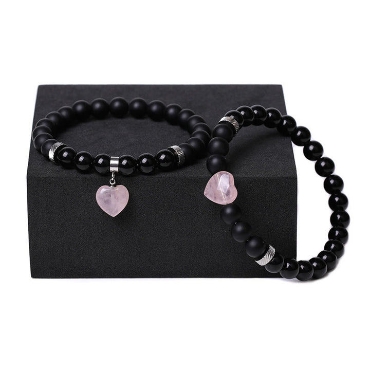 Bracelet de couple en pierre de cristal d'onyx noir Buddha Stones 2 pièces Protection du cœur d'amour