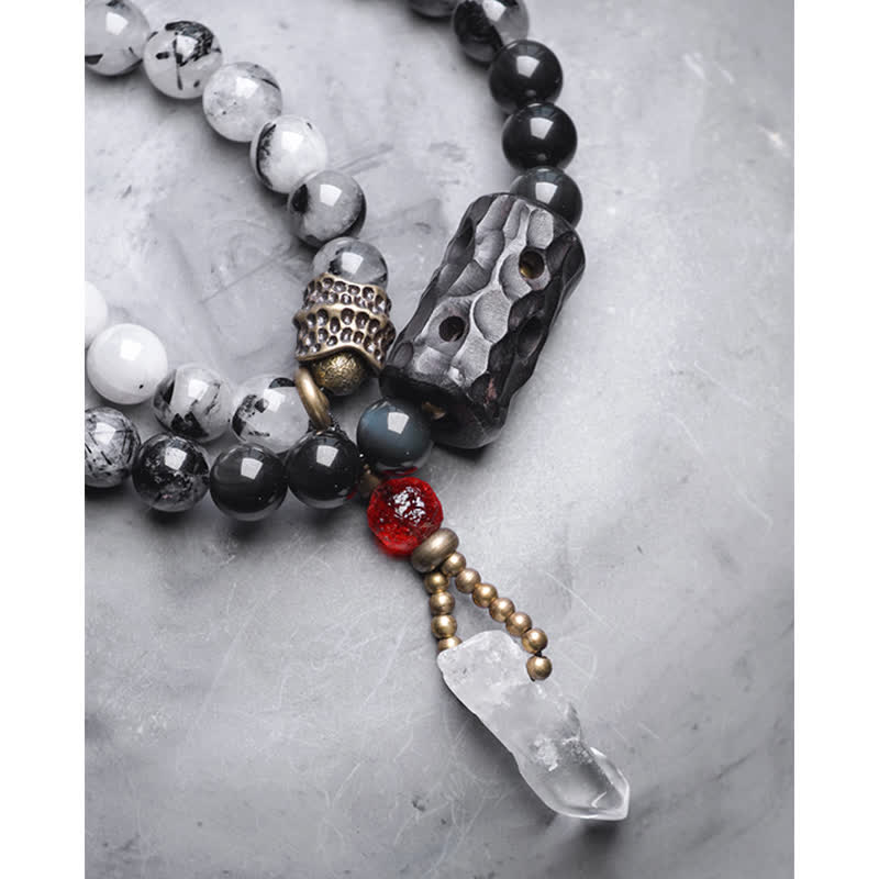 Bracelet Couple Succès en Bois d'Ébène et Quartz Rutile Noir et Cristal Blanc