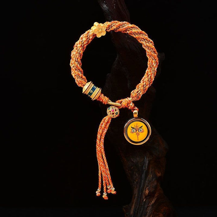 Bracelet en corde tissée avec breloque en forme de fleur et roue de prière en Buddha Stones faites à la main avec cinq dieux de la richesse et de la chance