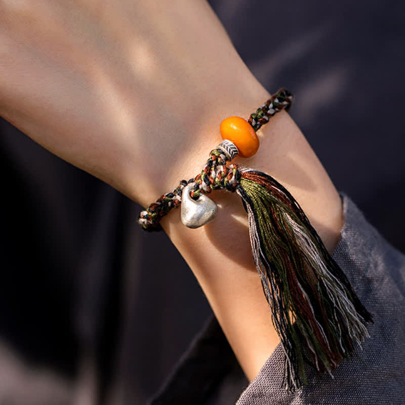 Bracelet de protection des souhaits en argent sterling 990 tibétain fait à la main avec poids en acier et ambre