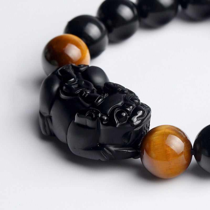 Bracelet de richesse en obsidienne arc-en-ciel œil de tigre FengShui PiXiu Buddha Stones