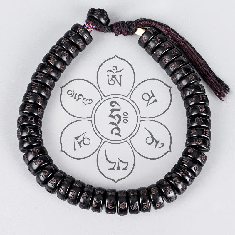 Bracelet en corde Buddha Stones perles de noix de coco tibétaines gravées avec le mantra positif Om Mani Padme Hum