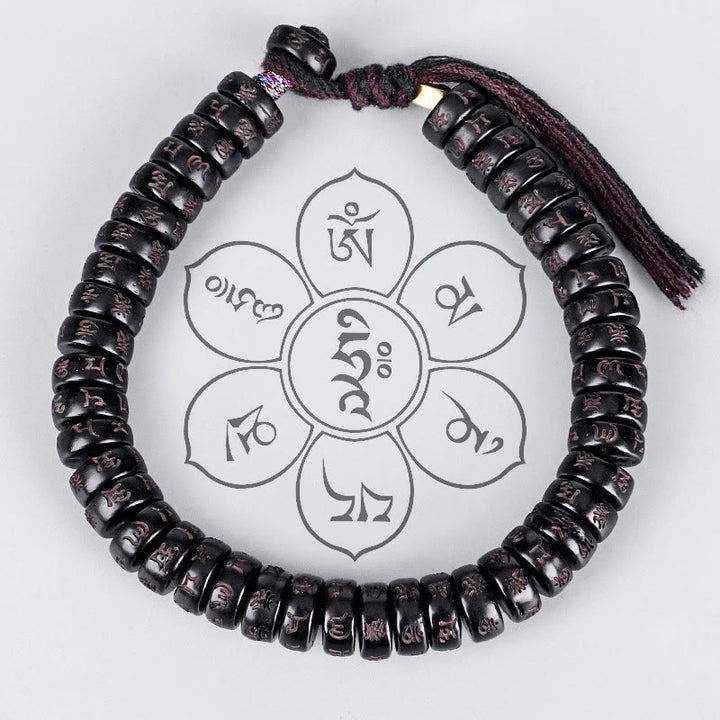 Bracelet en corde Buddha Stones perles de noix de coco tibétaines gravées avec le mantra positif Om Mani Padme Hum