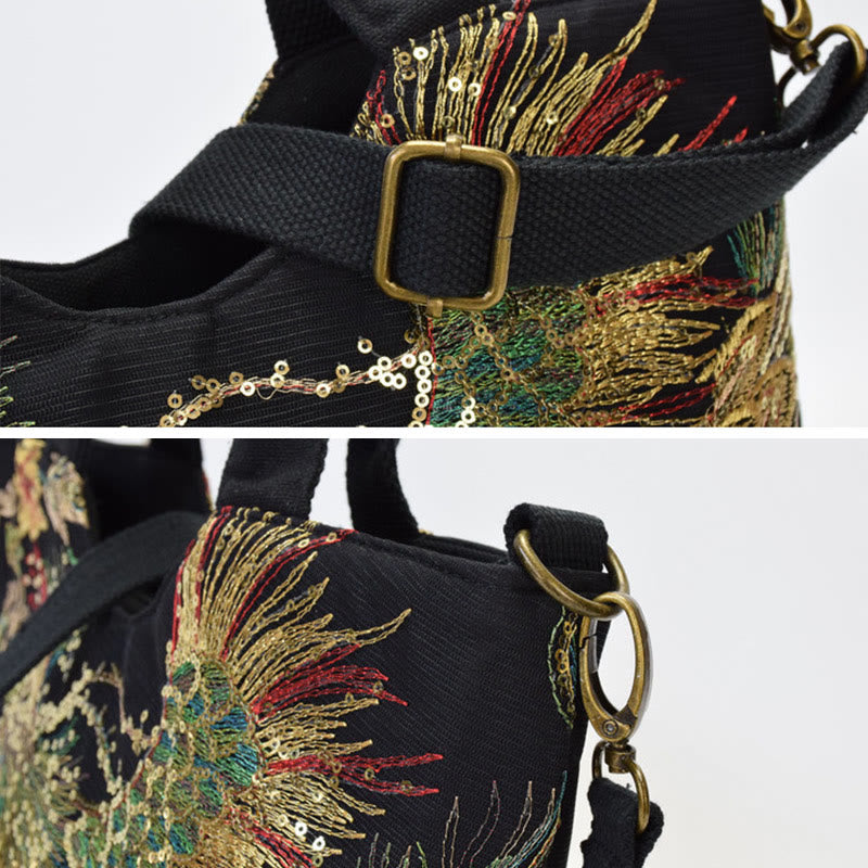 Sac fourre-tout brodé recto verso Buddha Stones Peacock Sac à bandoulière Sac à bandoulière