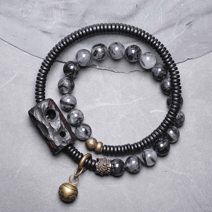Bracelet couple sagesse en cuivre et bois d'ébène Buddha Stones et quartz rutile noir