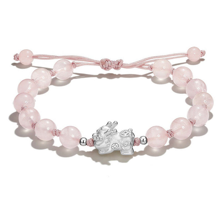 Bracelet de force PiXiu en obsidienne noire naturelle œil de chat et cristal rose Buddha Stones