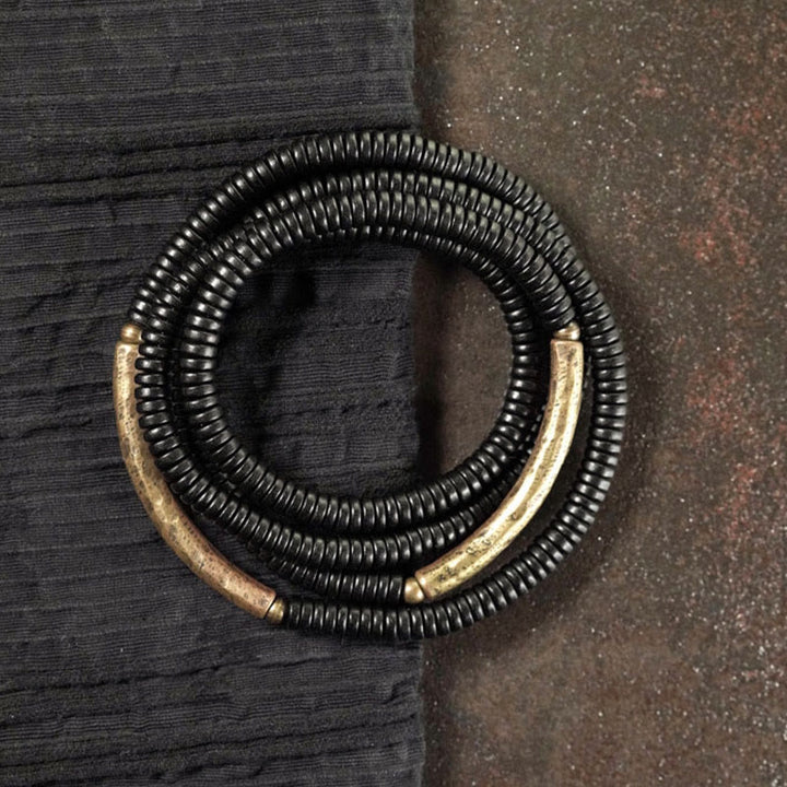 Bracelet multicouches en bois d'ébène et cuivre avec Buddha Stones